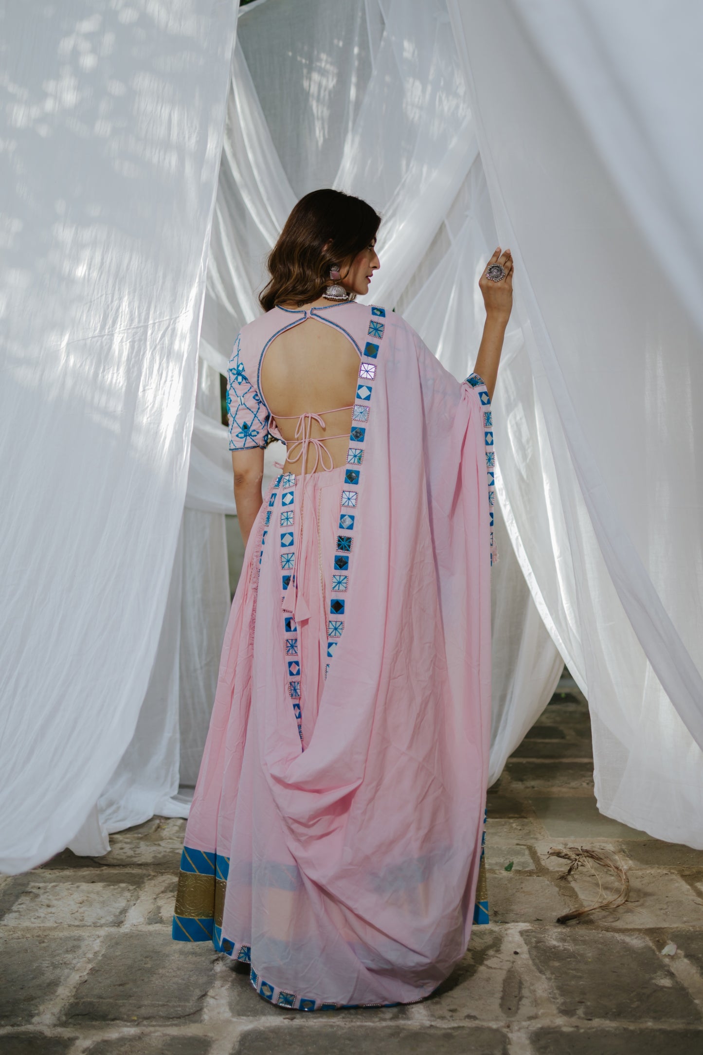 Exclusive Navratri 2025 Boho Mirror Magic – Pink & Blue Handcrafted Chaniya Choli - Raas
