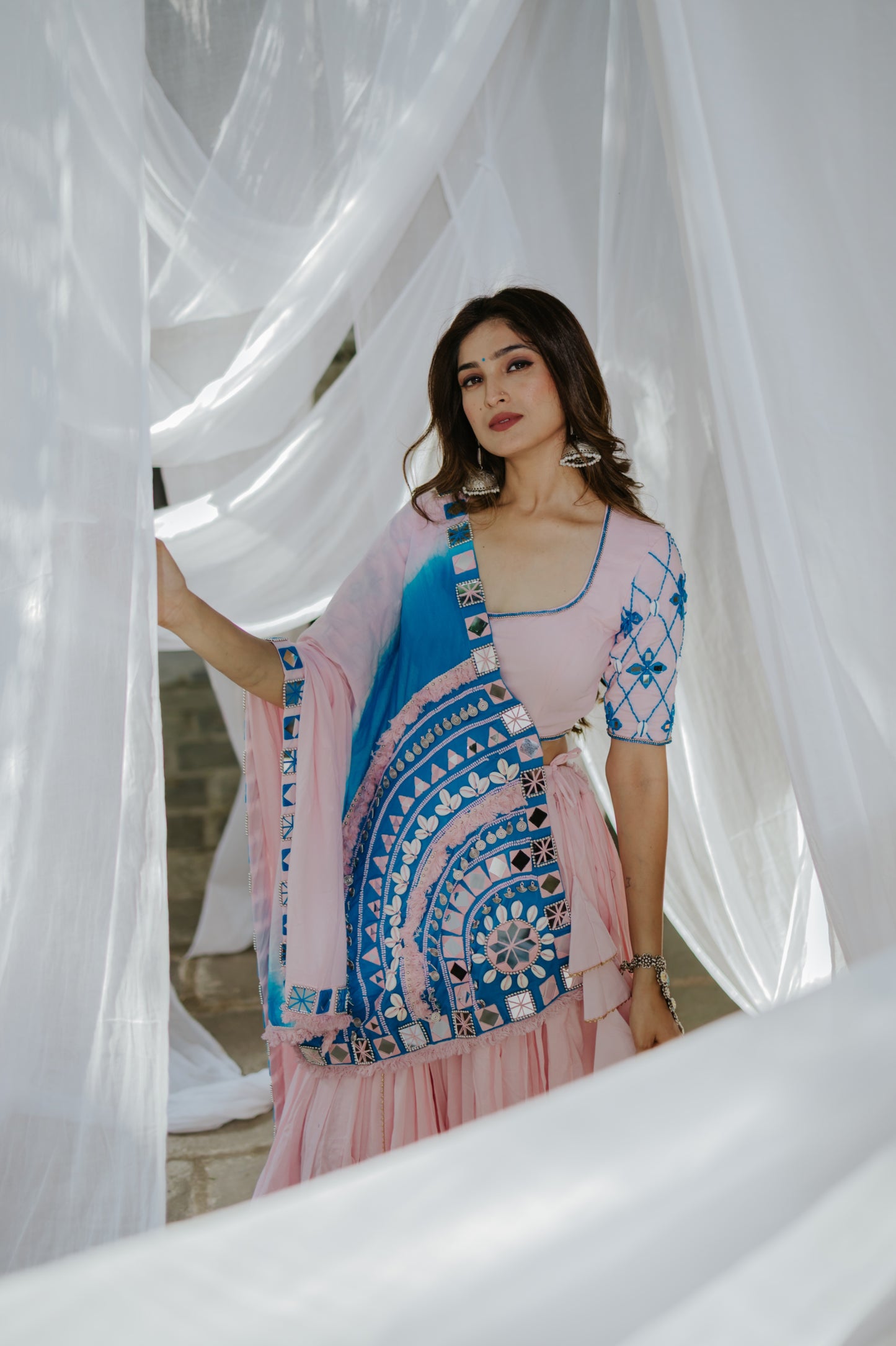 Exclusive Navratri 2025 Boho Mirror Magic – Pink & Blue Handcrafted Chaniya Choli - Raas