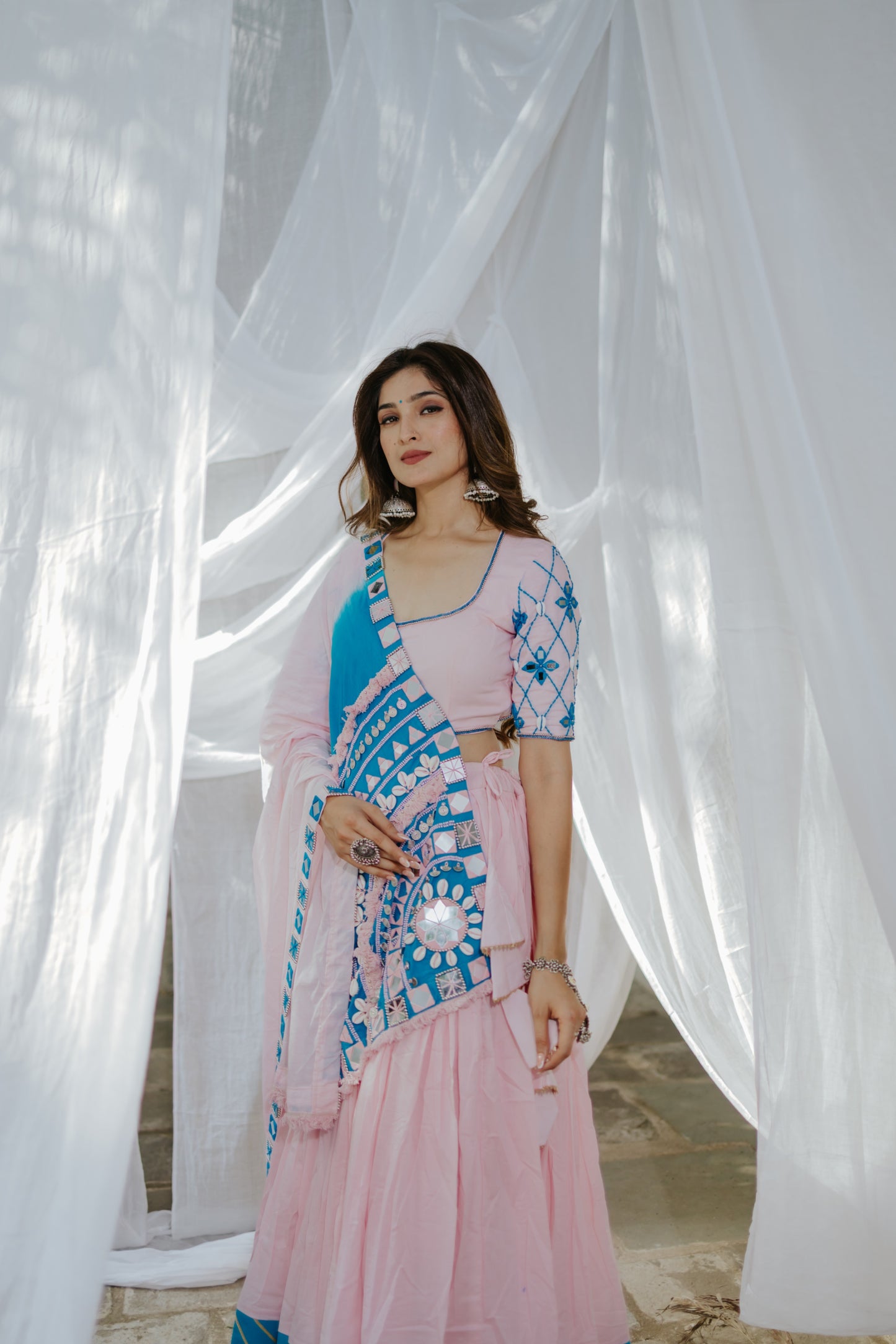 Exclusive Navratri 2025 Boho Mirror Magic – Pink & Blue Handcrafted Chaniya Choli - Raas