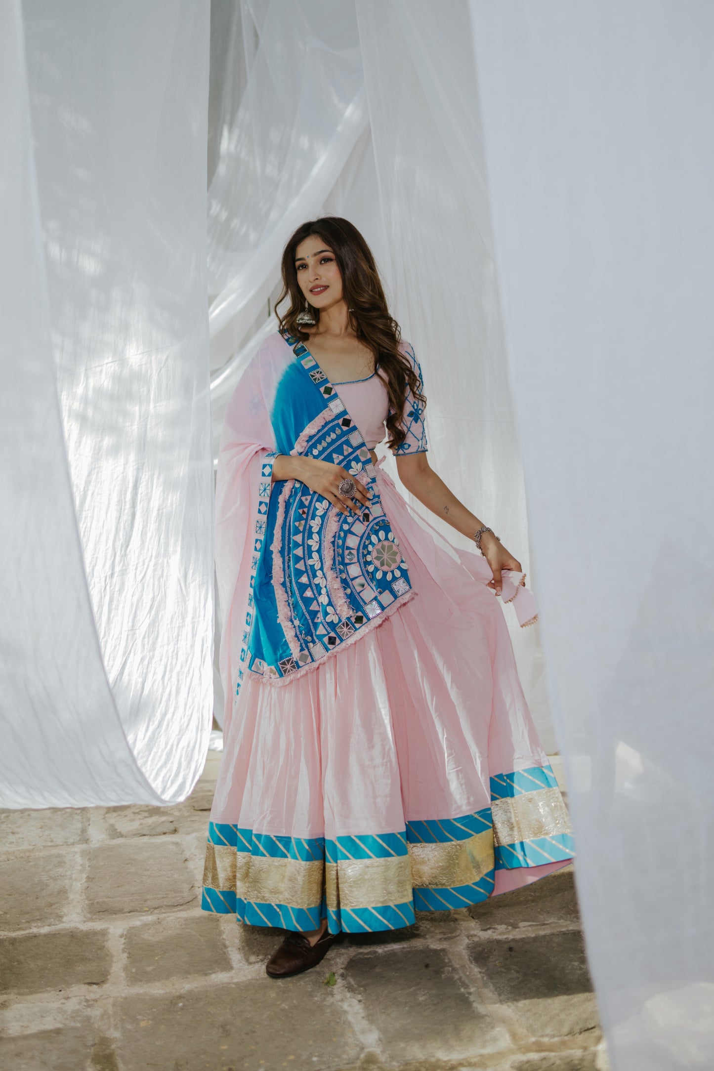 Exclusive Navratri 2025 Boho Mirror Magic – Pink & Blue Handcrafted Chaniya Choli - Raas
