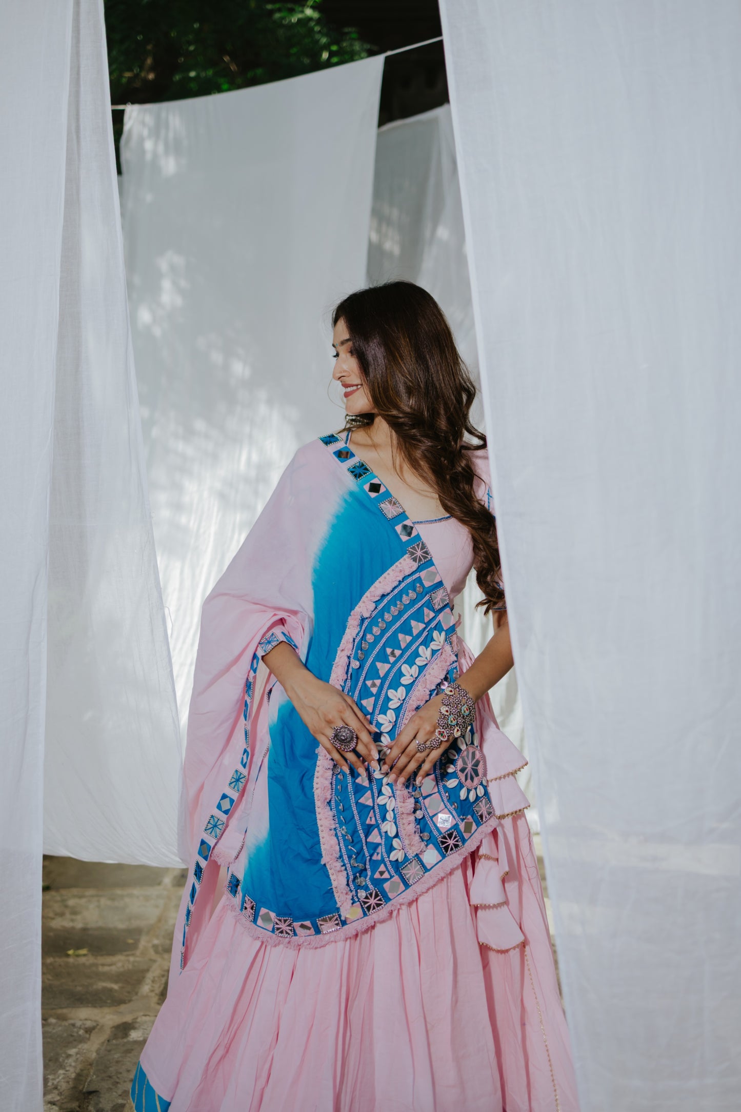 Exclusive Navratri 2025 Boho Mirror Magic – Pink & Blue Handcrafted Chaniya Choli - Raas