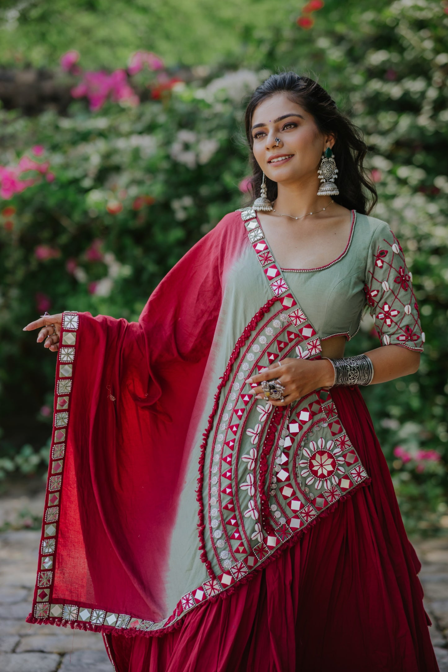 Maroon Boho Handcrafted Mirror Work Navratri Chaniya Choli with Statement Shaded Dupatta | Glam Girl Navratri 2025