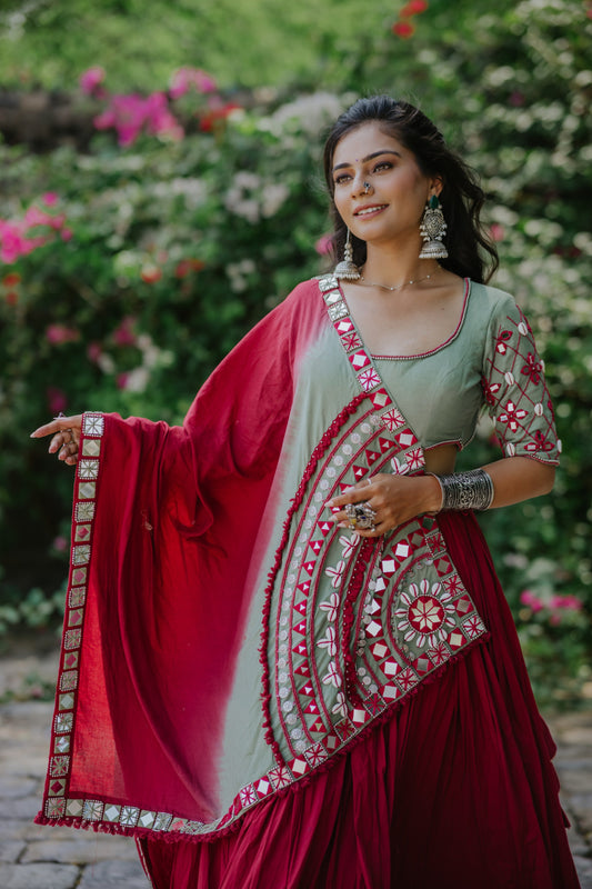 Maroon Boho Handcrafted Mirror Work Navratri Chaniya Choli with Statement Shaded Dupatta | Glam Girl Navratri 2025