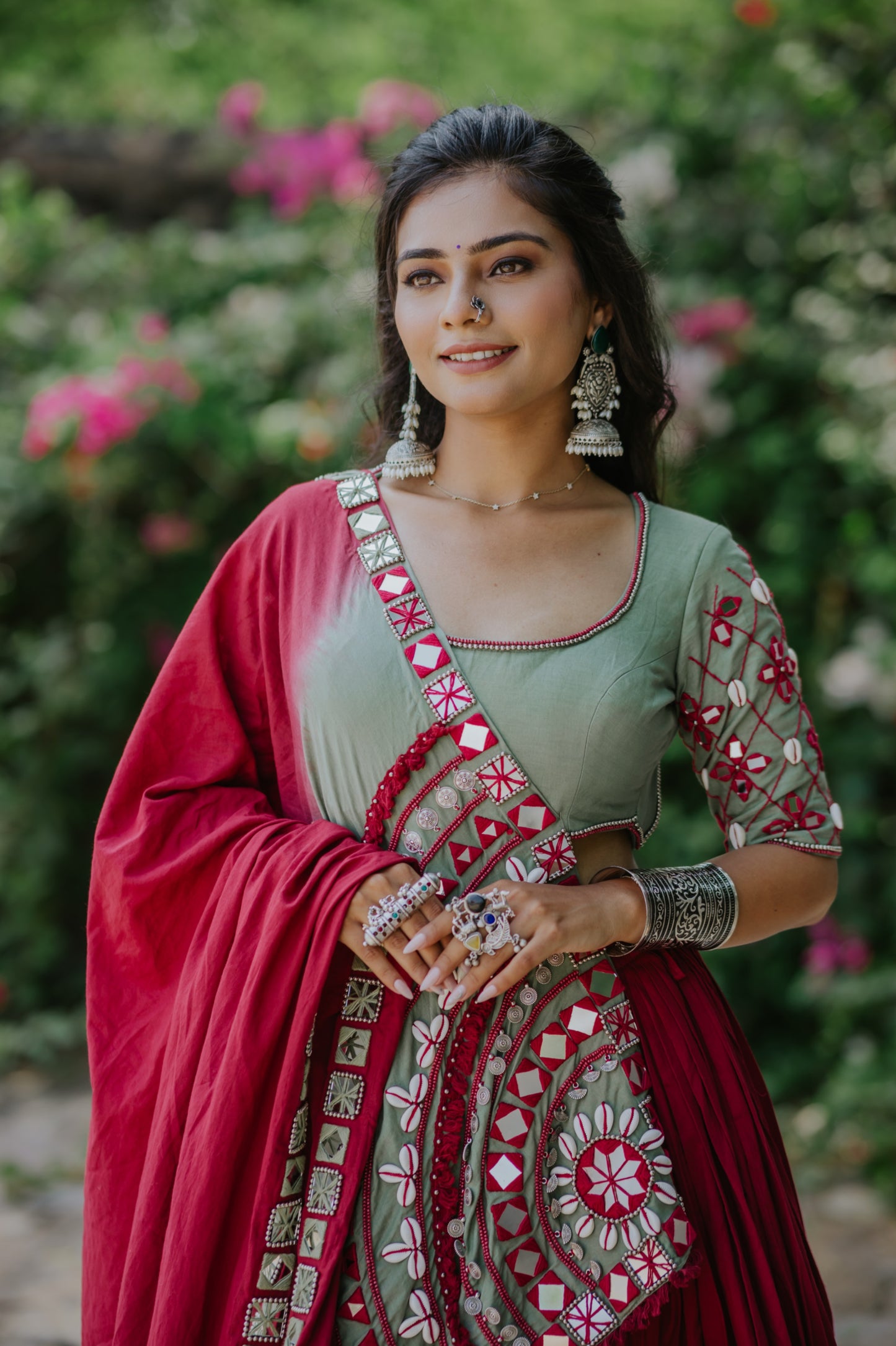 Maroon Boho Handcrafted Mirror Work Navratri Chaniya Choli with Statement Shaded Dupatta | Glam Girl Navratri 2025