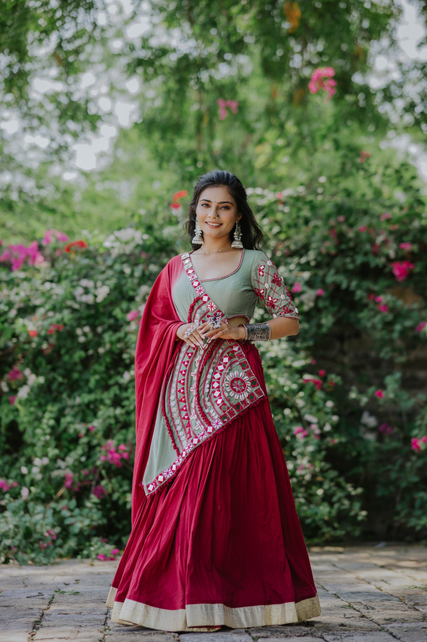 Maroon Boho Handcrafted Mirror Work Navratri Chaniya Choli with Statement Shaded Dupatta | Glam Girl Navratri 2025