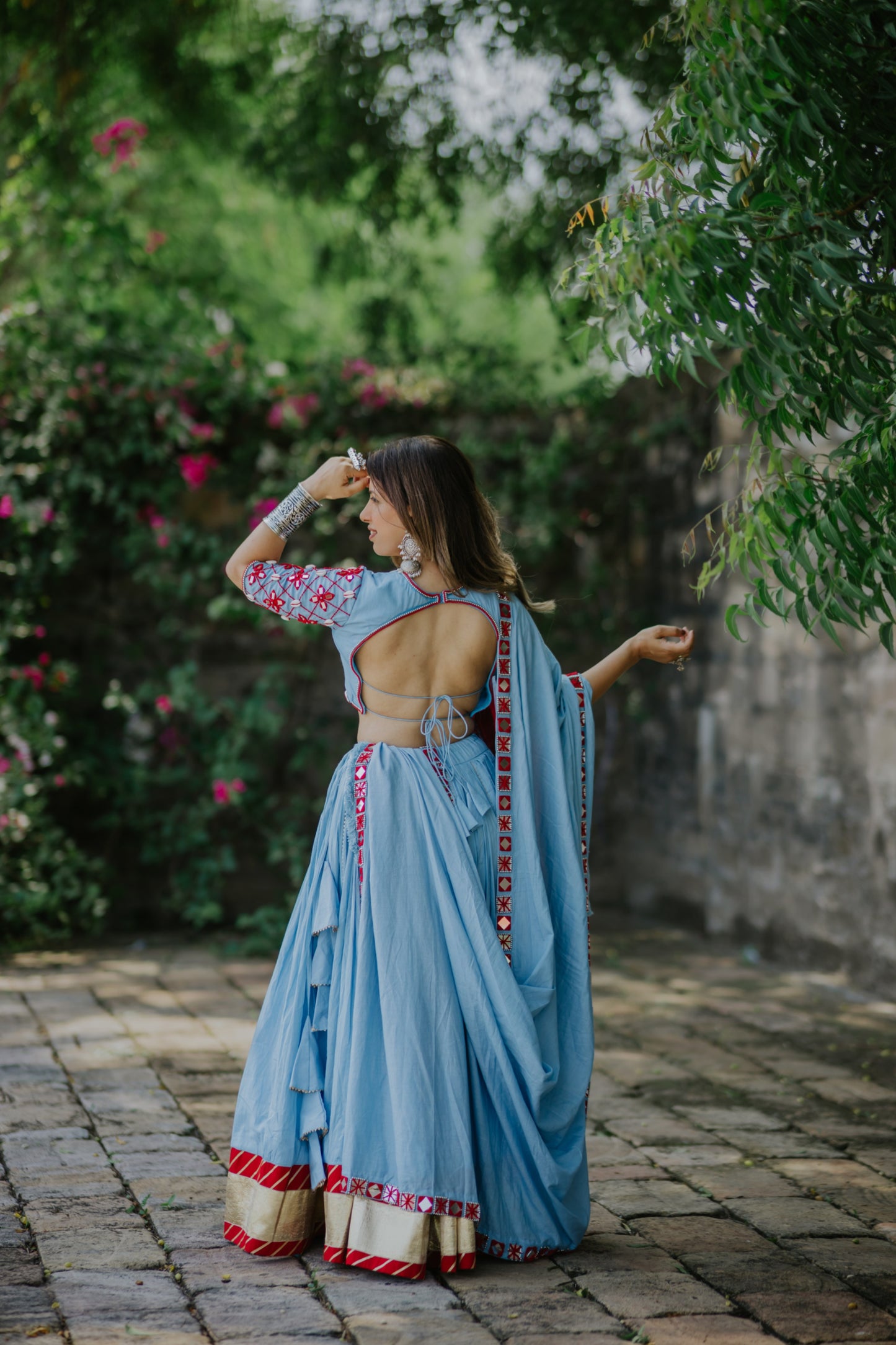 Sky & Red Ombré Navratri Chaniya Choli with Mirror Work Blouse & Boho Dupatta – Glam Girl Exclusive 2025