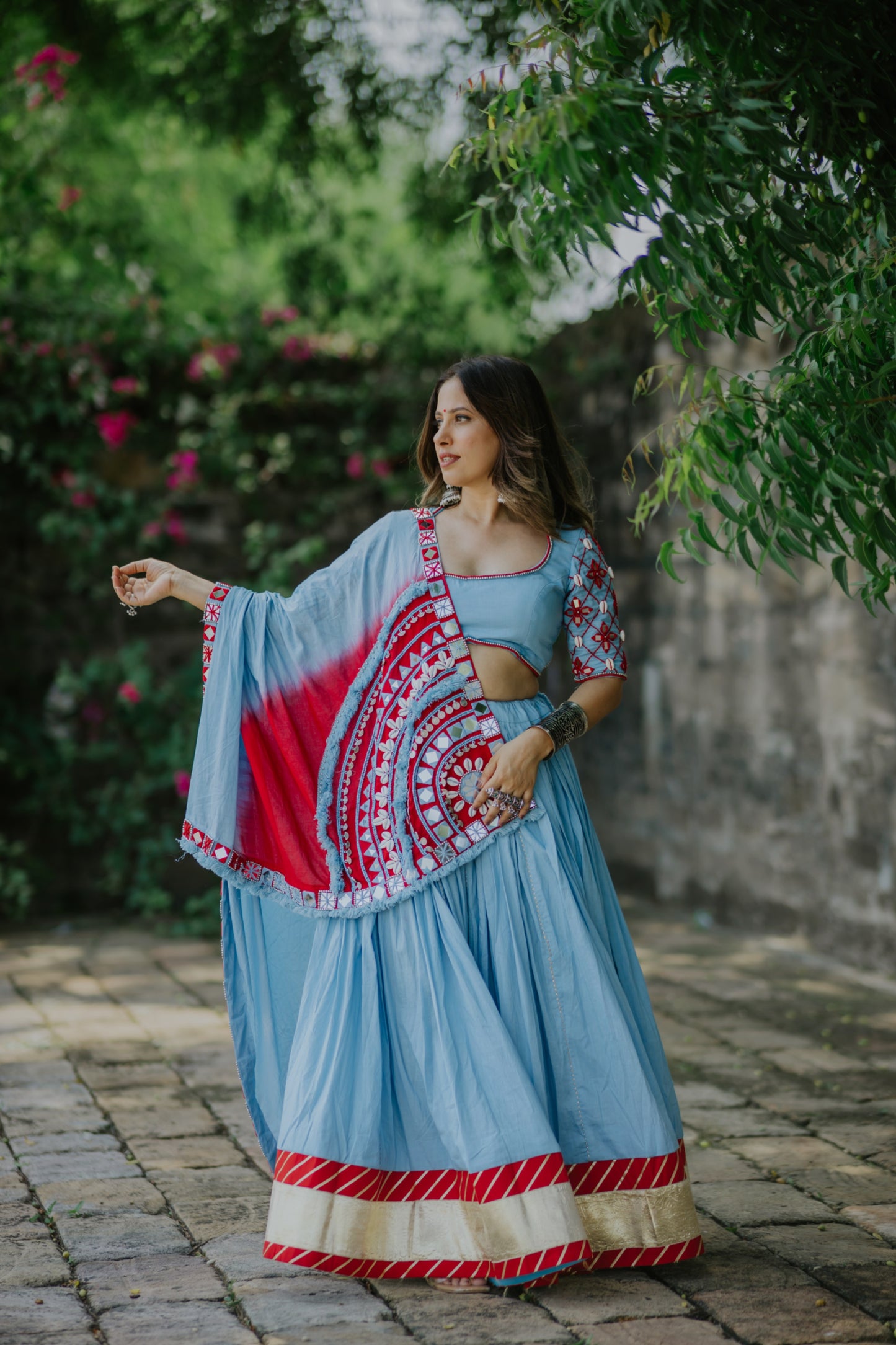 Sky & Red Ombré Navratri Chaniya Choli with Mirror Work Blouse & Boho Dupatta – Glam Girl Exclusive 2025