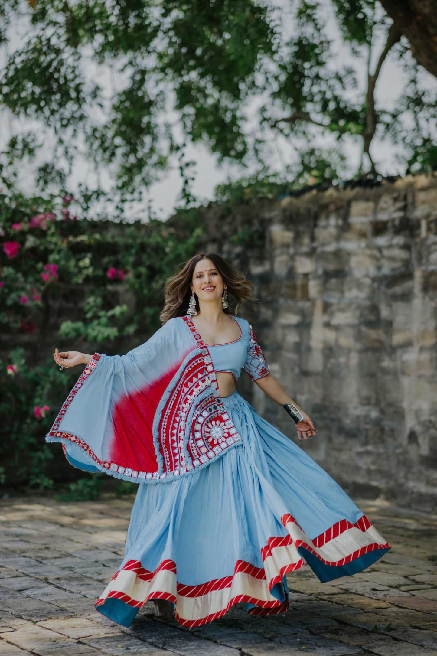 Sky & Red Ombré Navratri Chaniya Choli with Mirror Work Blouse & Boho Dupatta – Glam Girl Exclusive 2025