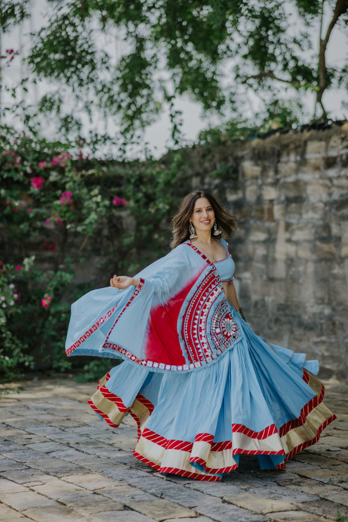 Sky & Red Ombré Navratri Chaniya Choli with Mirror Work Blouse & Boho Dupatta – Glam Girl Exclusive 2025