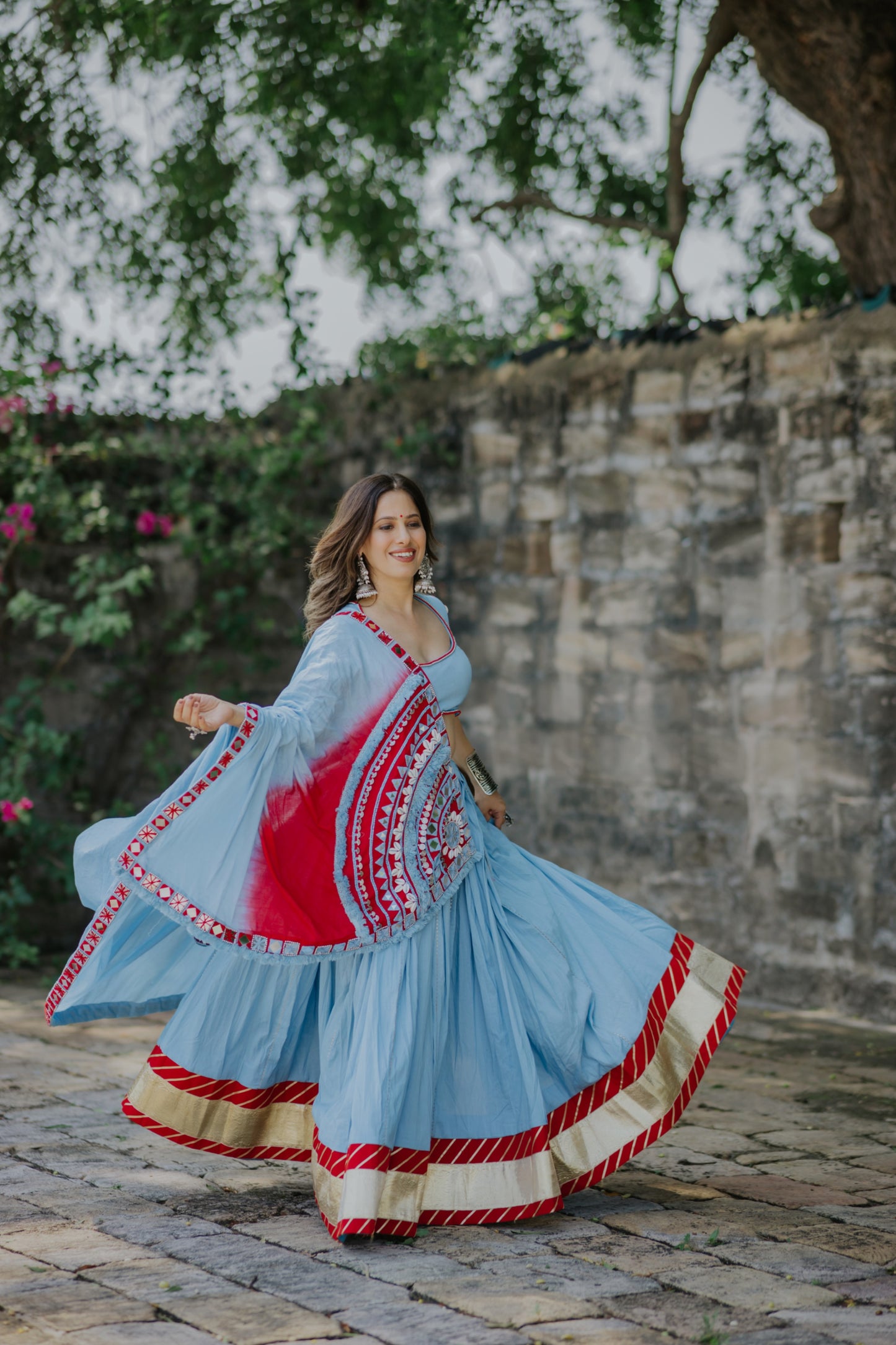 Sky & Red Ombré Navratri Chaniya Choli with Mirror Work Blouse & Boho Dupatta – Glam Girl Exclusive 2025