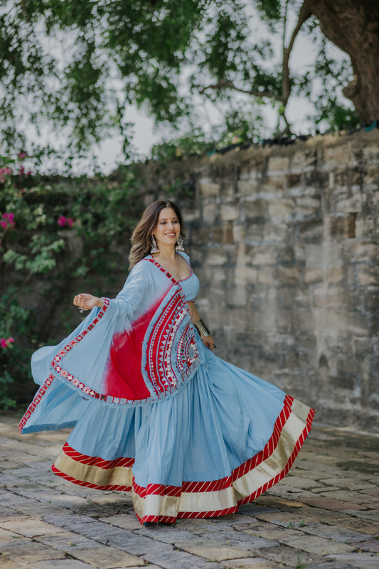 Sky & Red Ombré Navratri Chaniya Choli with Mirror Work Blouse & Boho Dupatta – Glam Girl Exclusive 2025