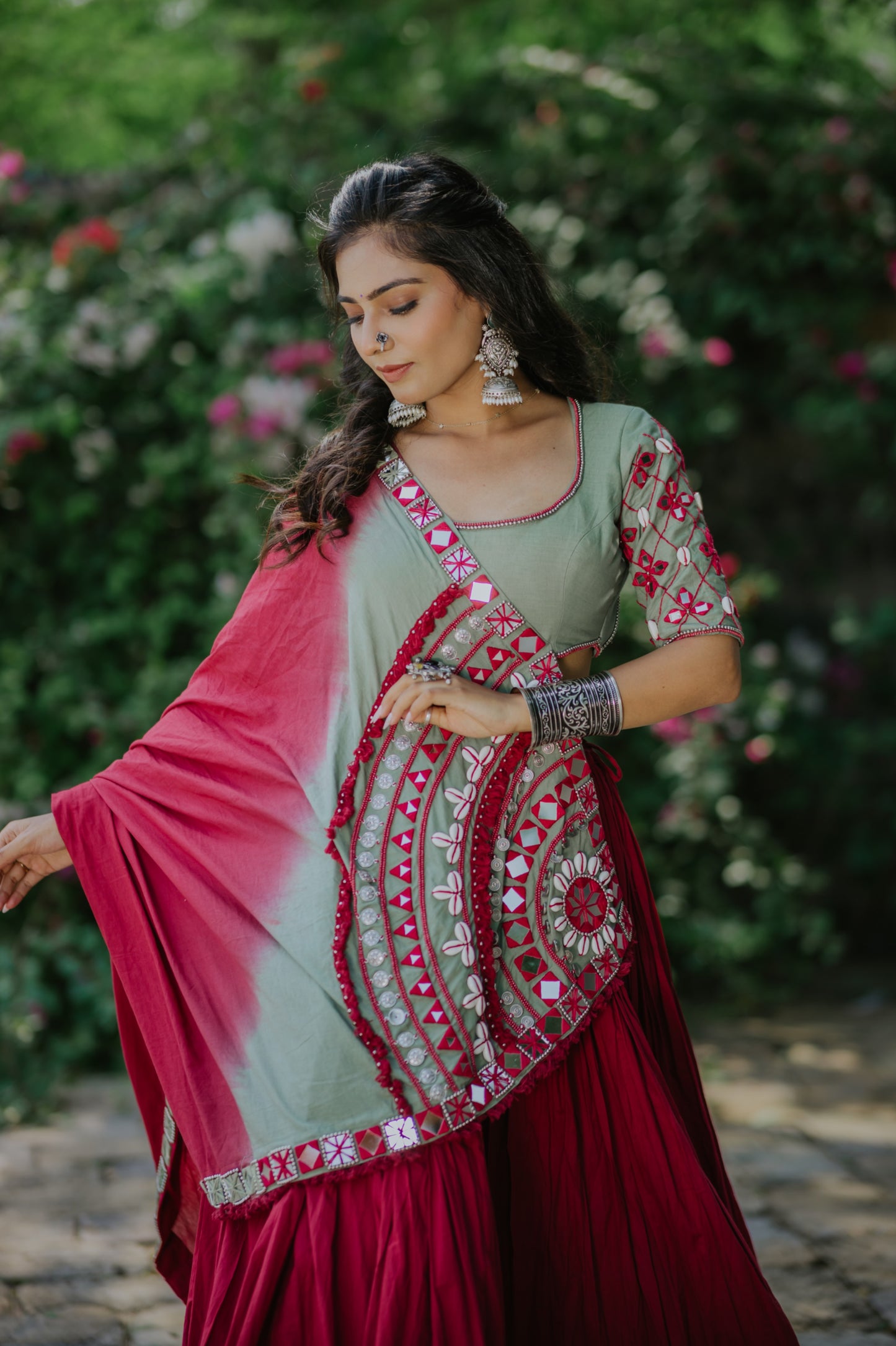 Maroon Boho Handcrafted Mirror Work Navratri Chaniya Choli with Statement Shaded Dupatta | Glam Girl Navratri 2025