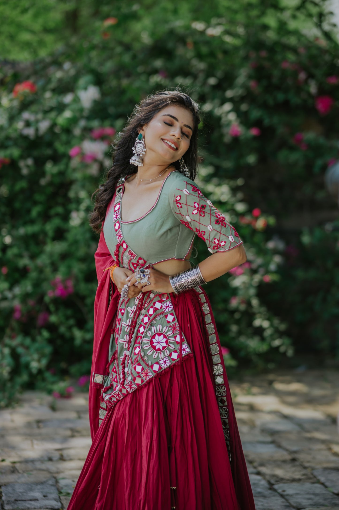 Maroon Boho Handcrafted Mirror Work Navratri Chaniya Choli with Statement Shaded Dupatta | Glam Girl Navratri 2025