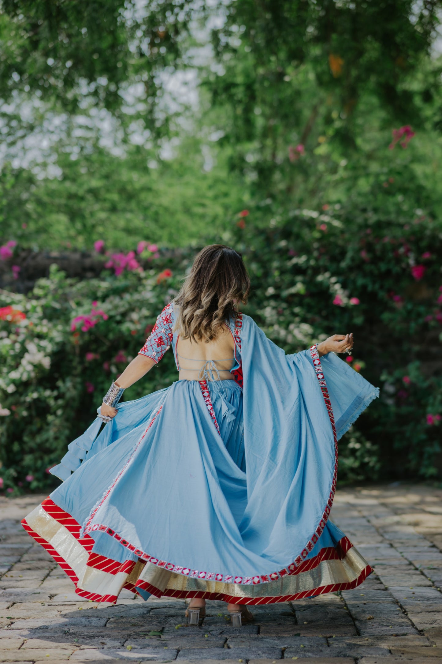 Sky & Red Ombré Navratri Chaniya Choli with Mirror Work Blouse & Boho Dupatta – Glam Girl Exclusive 2025