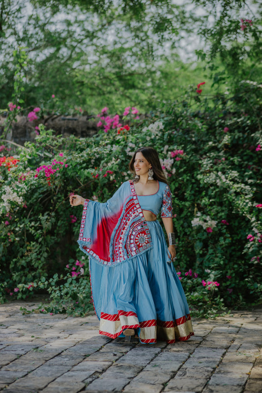 Sky & Red Ombré Navratri Chaniya Choli with Mirror Work Blouse & Boho Dupatta – Glam Girl Exclusive 2025