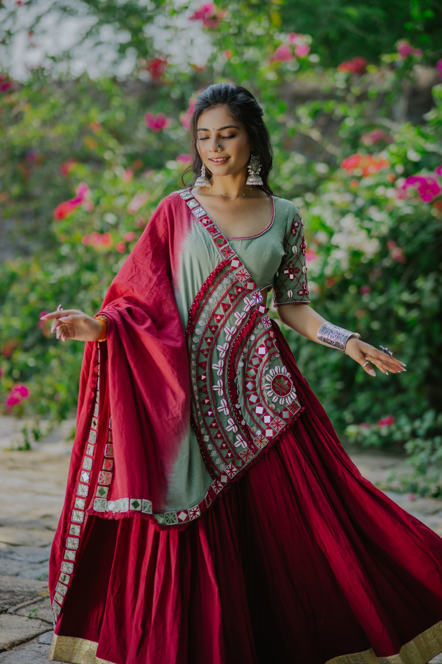 Maroon Boho Handcrafted Mirror Work Navratri Chaniya Choli with Statement Shaded Dupatta | Glam Girl Navratri 2025