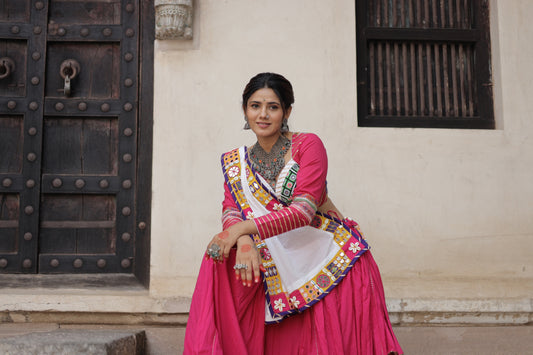 Kutch Heritage Pink Navratri Lehenga Set with Handcrafted Statement white Dupatta - Raas2025