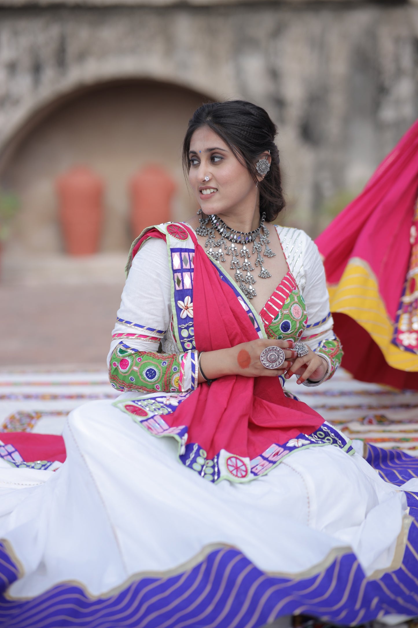 Kutch Heritage White Navratri Lehenga Set with 10-Meter Flare & Rani Pink Statement Handcrafted Dupatta - Raas 2025