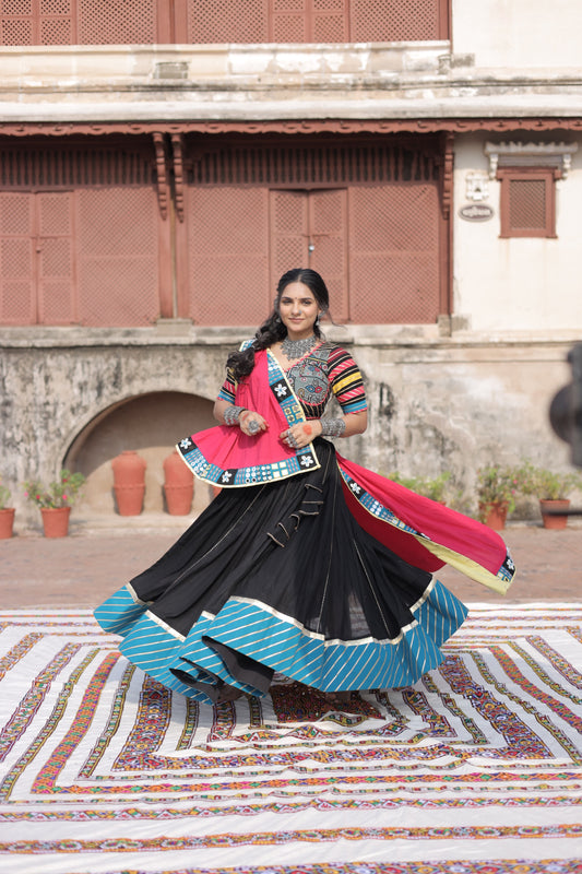 Kutch Heritage Black Navratri Lehenga Set with Blue Hemline & Rani Pink Statement Handcrafted Dupatta - Raas2025