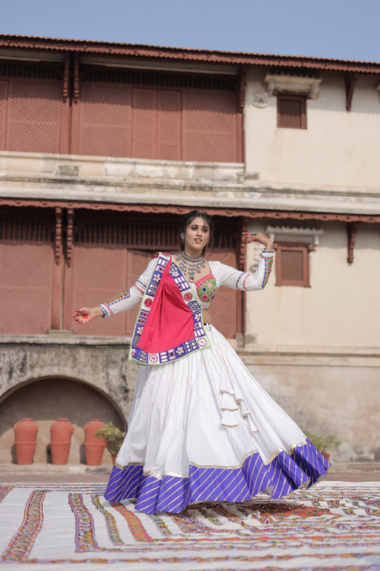 Kutch Heritage White Navratri Lehenga Set with 10-Meter Flare & Rani Pink Statement Handcrafted Dupatta - Raas 2025