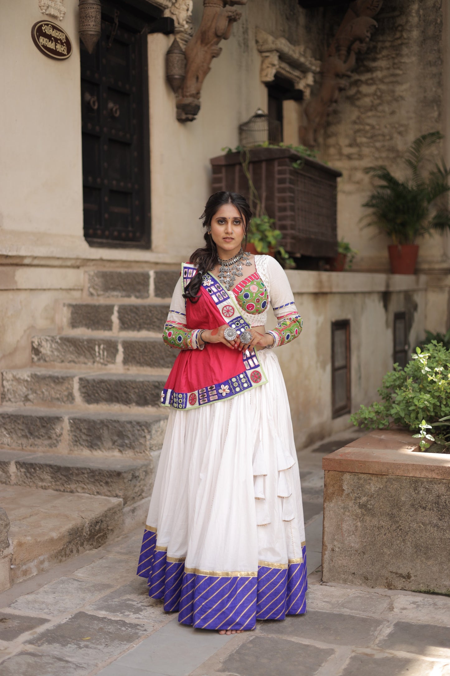 Kutch Heritage White Navratri Lehenga Set with 10-Meter Flare & Rani Pink Statement Handcrafted Dupatta - Raas 2025