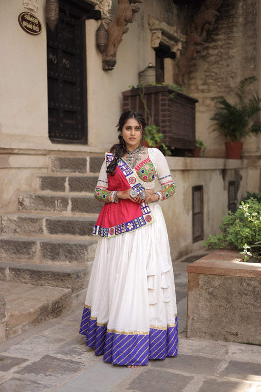Kutch Heritage White Navratri Lehenga Set with 10-Meter Flare & Rani Pink Statement Handcrafted Dupatta - Raas 2025