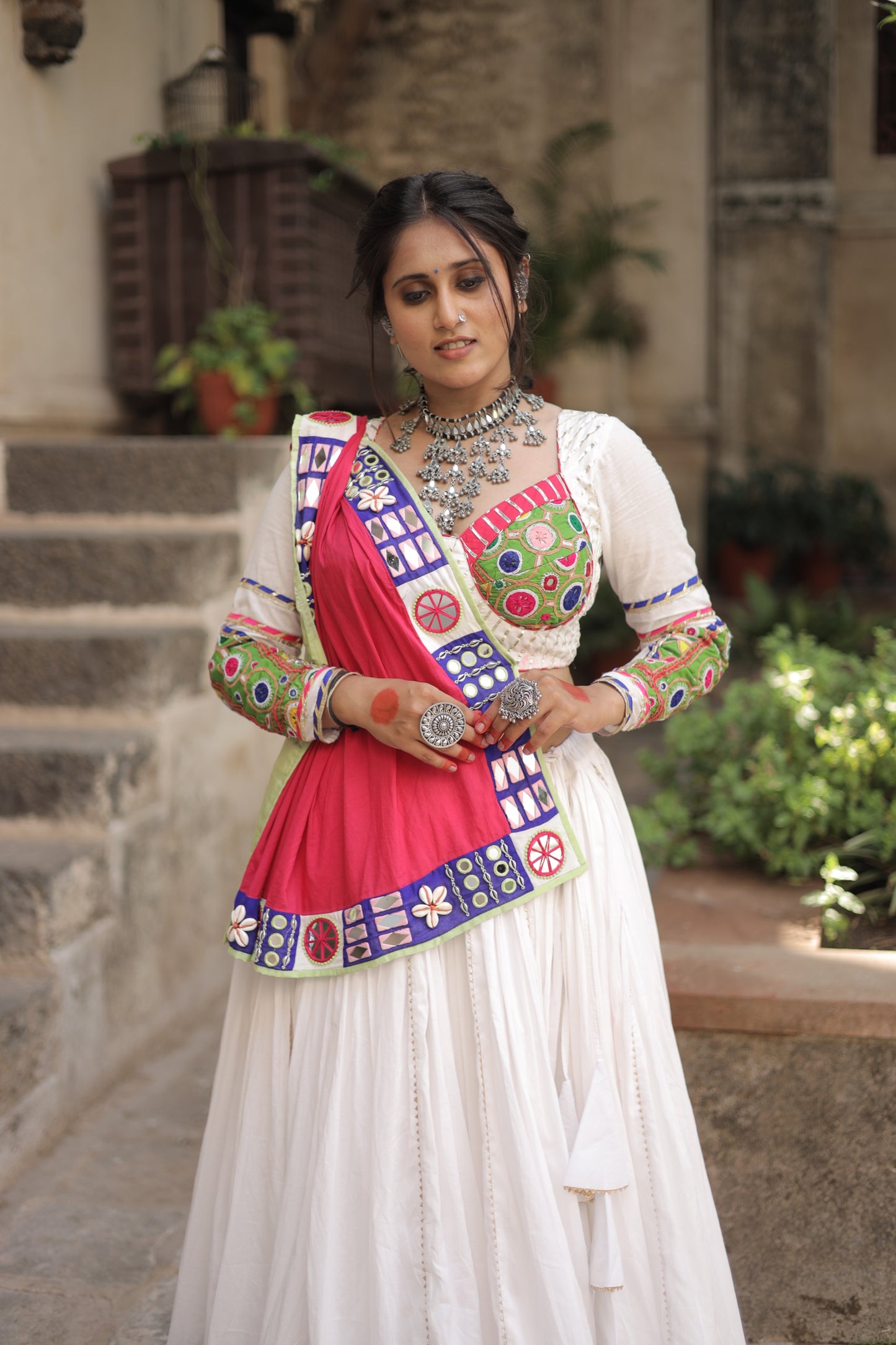 Kutch Heritage White Navratri Lehenga Set with 10-Meter Flare & Rani Pink Statement Handcrafted Dupatta - Raas 2025