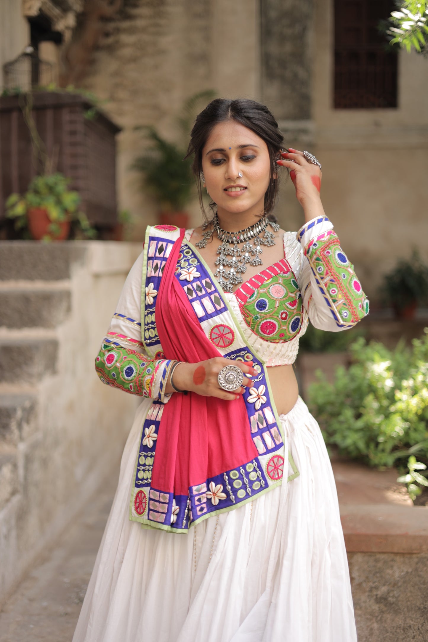 Kutch Heritage White Navratri Lehenga Set with 10-Meter Flare & Rani Pink Statement Handcrafted Dupatta - Raas 2025
