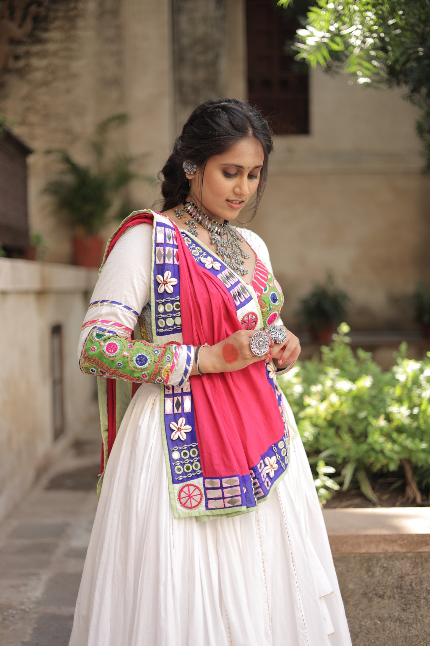 Kutch Heritage White Navratri Lehenga Set with 10-Meter Flare & Rani Pink Statement Handcrafted Dupatta - Raas 2025