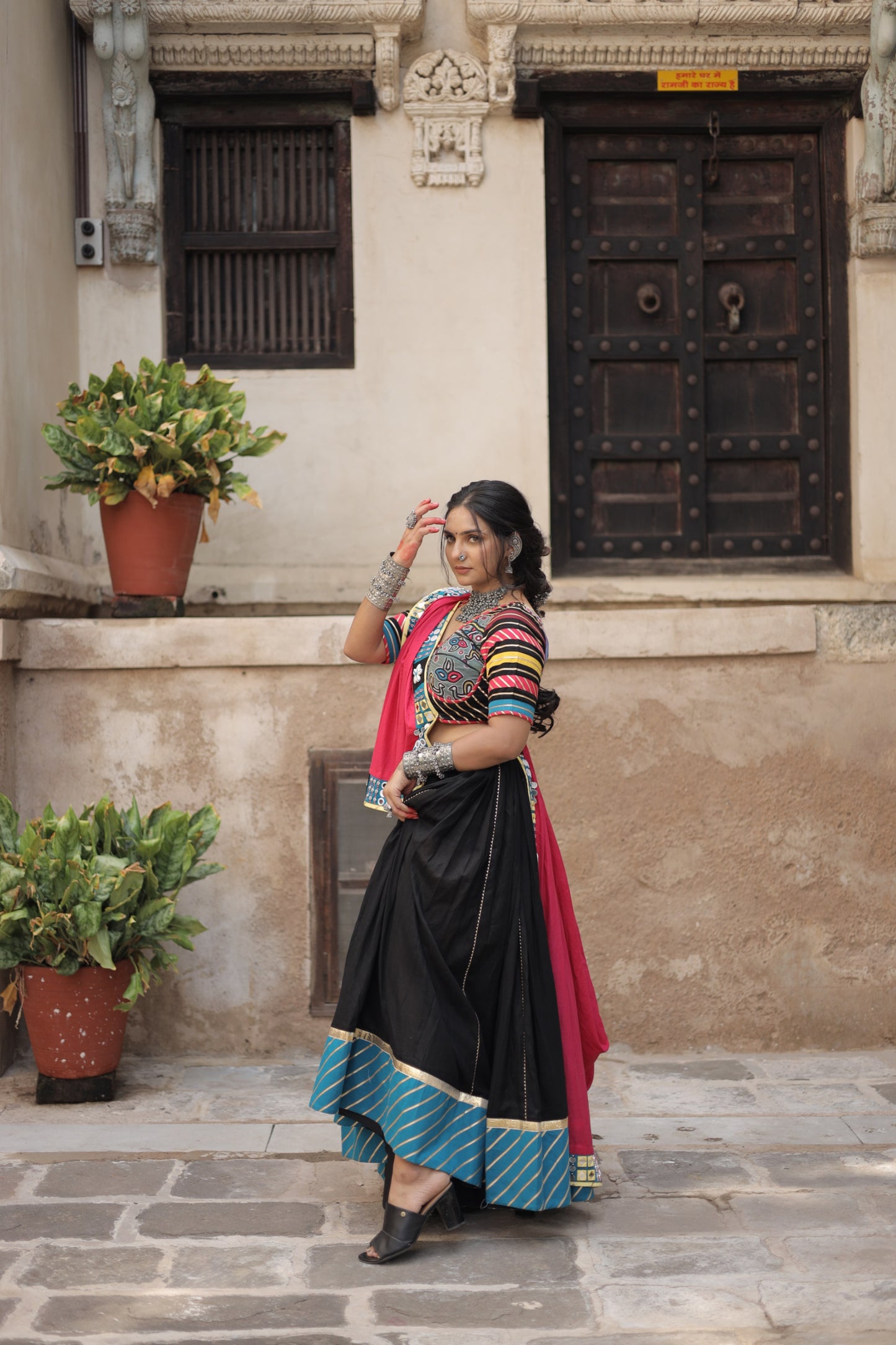 Kutch Heritage Black Navratri Lehenga Set with Blue Hemline & Rani Pink Statement Handcrafted Dupatta - Raas2025