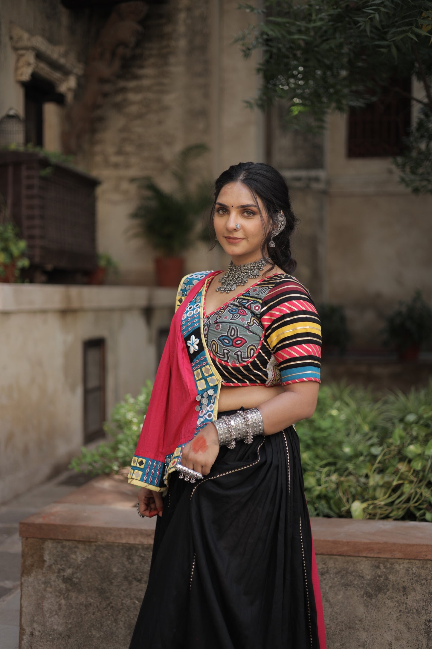 Kutch Heritage Black Navratri Lehenga Set with Blue Hemline & Rani Pink Statement Handcrafted Dupatta - Raas2025