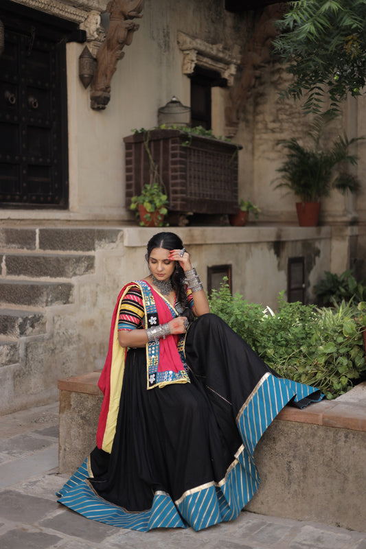 Kutch Heritage Black Navratri Lehenga Set with Blue Hemline & Rani Pink Statement Handcrafted Dupatta - Raas2025