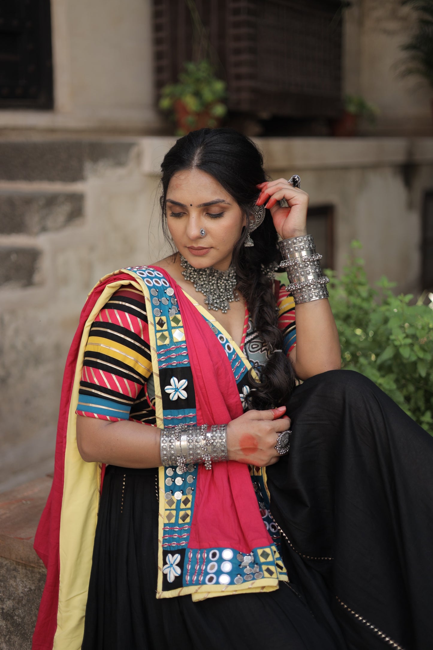 Kutch Heritage Black Navratri Lehenga Set with Blue Hemline & Rani Pink Statement Handcrafted Dupatta - Raas2025