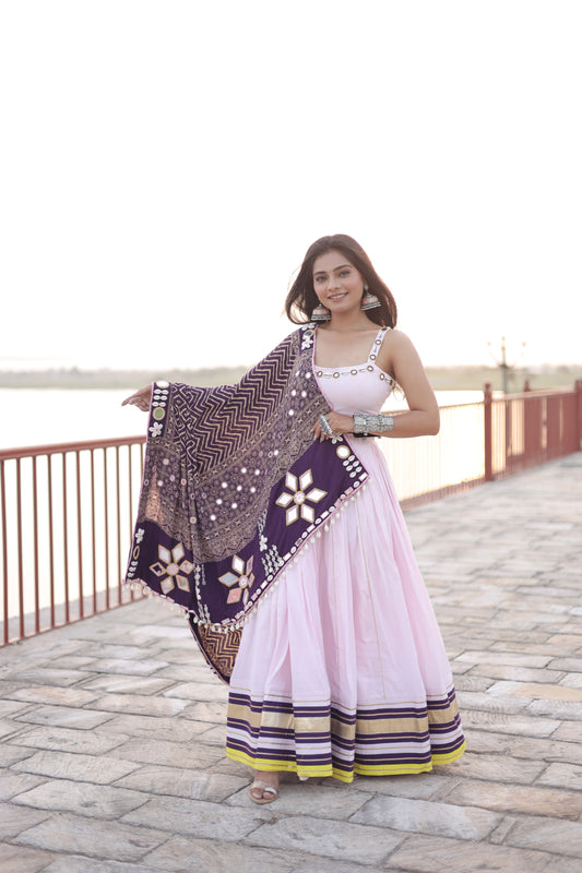 BB Pink Mul Cotton Chaniya Choli with Mirror Shell Work & Ajrakh-Inspired Statement Dupatta – Navratri Raas Collection 2025