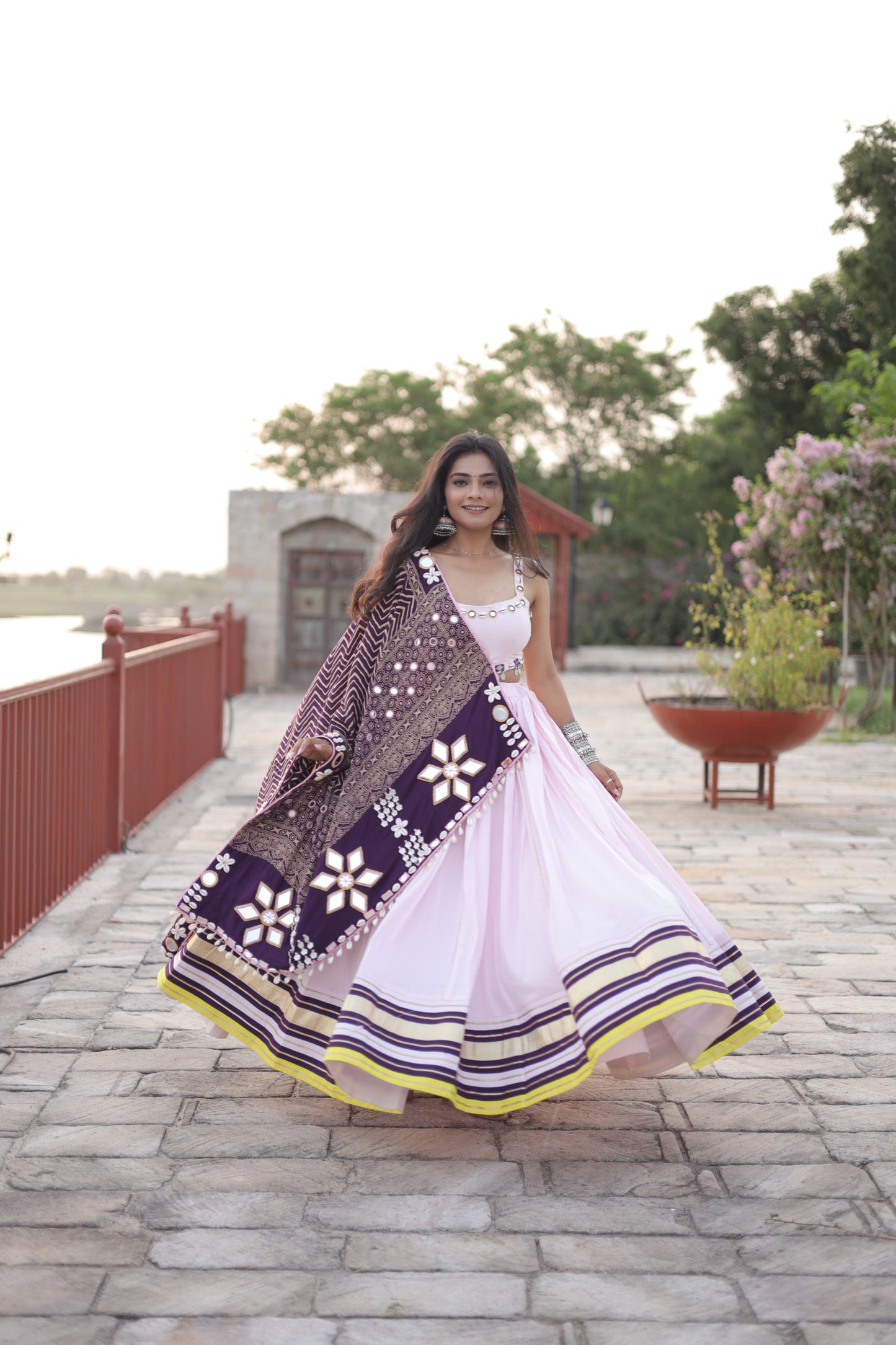 BB Pink Mul Cotton Chaniya Choli with Mirror Shell Work & Ajrakh-Inspired Statement Dupatta – Navratri Raas Collection 2025