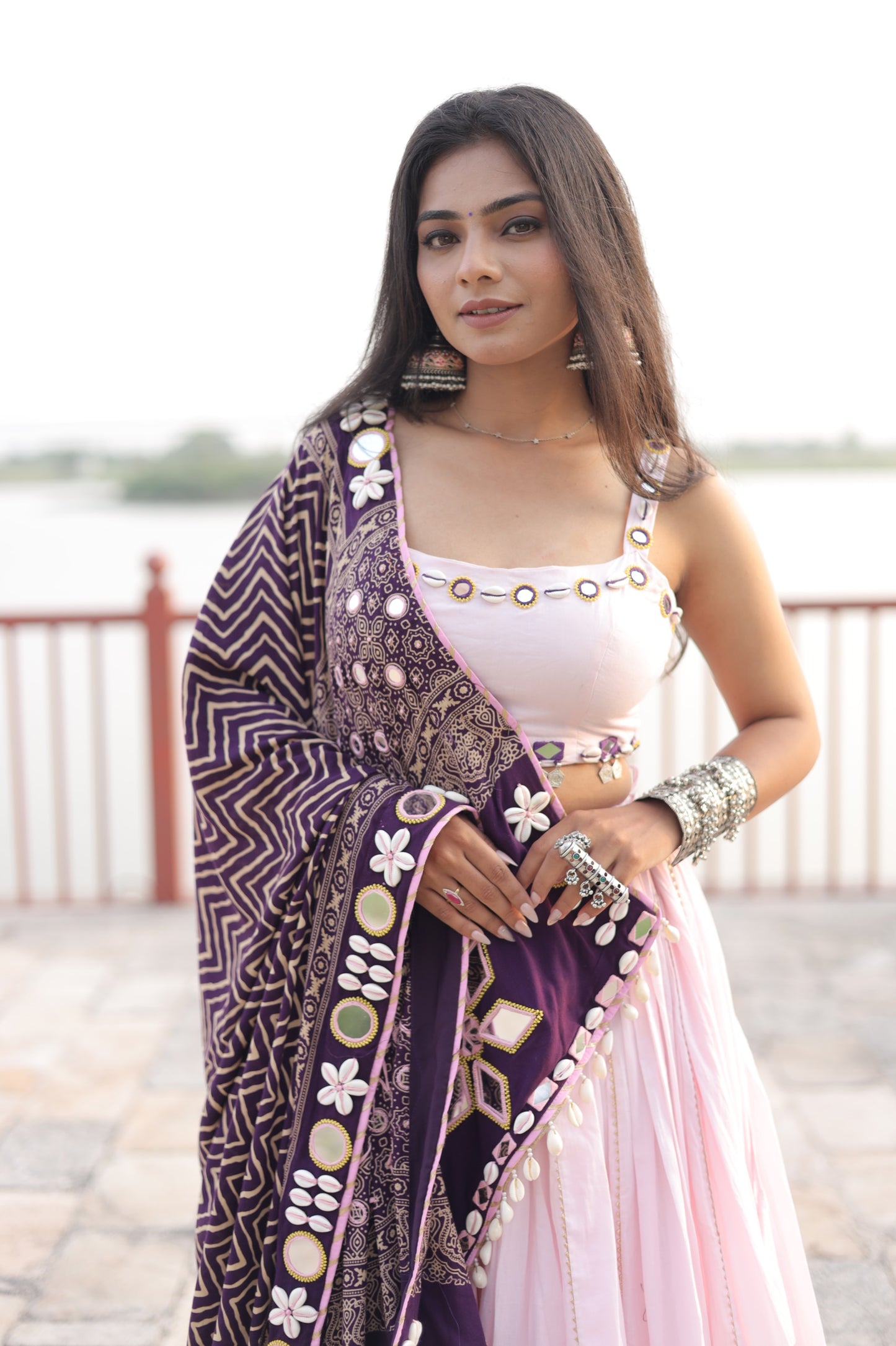 BB Pink Mul Cotton Chaniya Choli with Mirror Shell Work & Ajrakh-Inspired Statement Dupatta – Navratri Raas Collection 2025