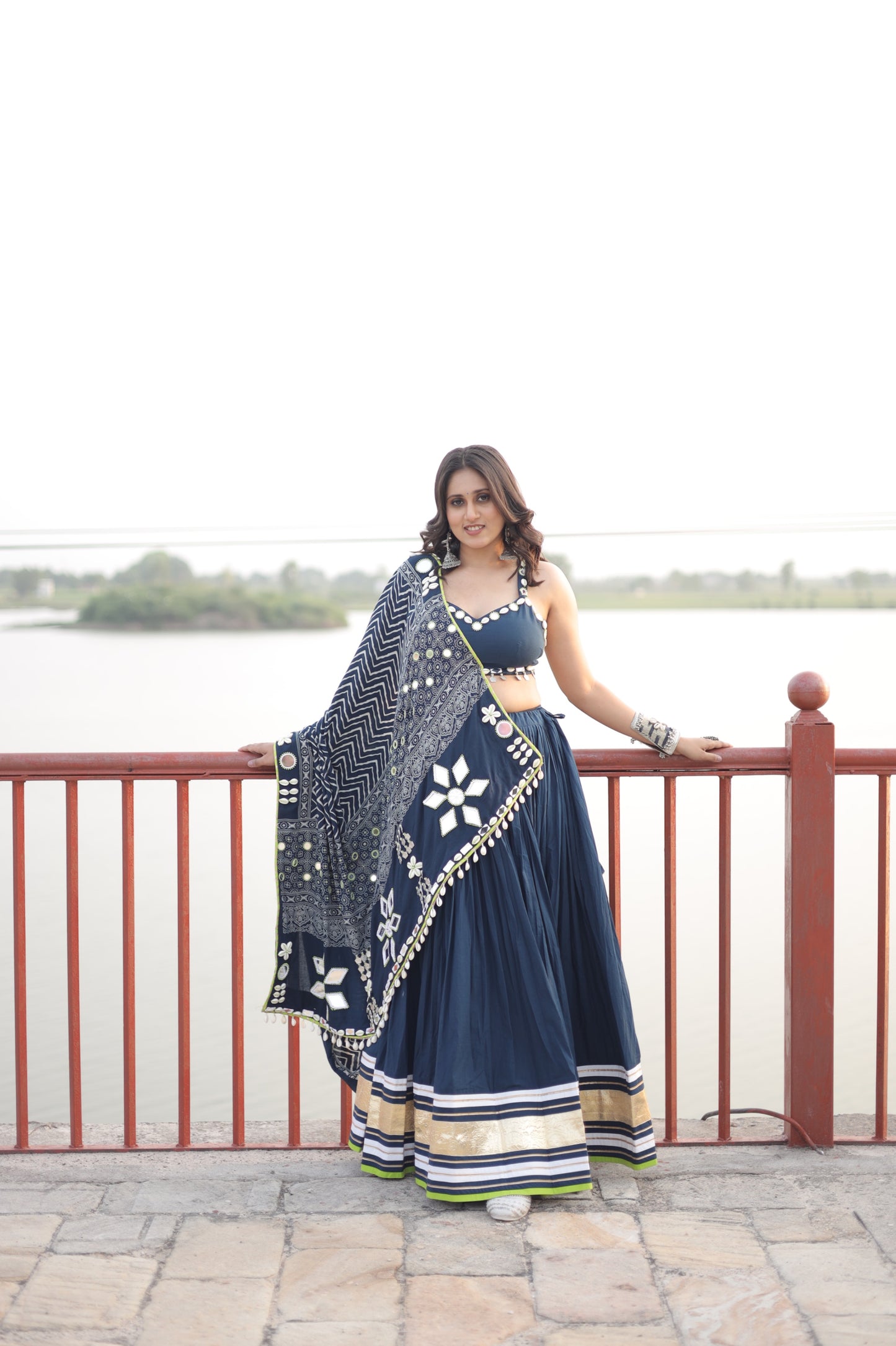 Navy Blue Mirror Shell Chaniya Choli with Ajrakh-Inspired Dupatta | Navratri 2025 Collection