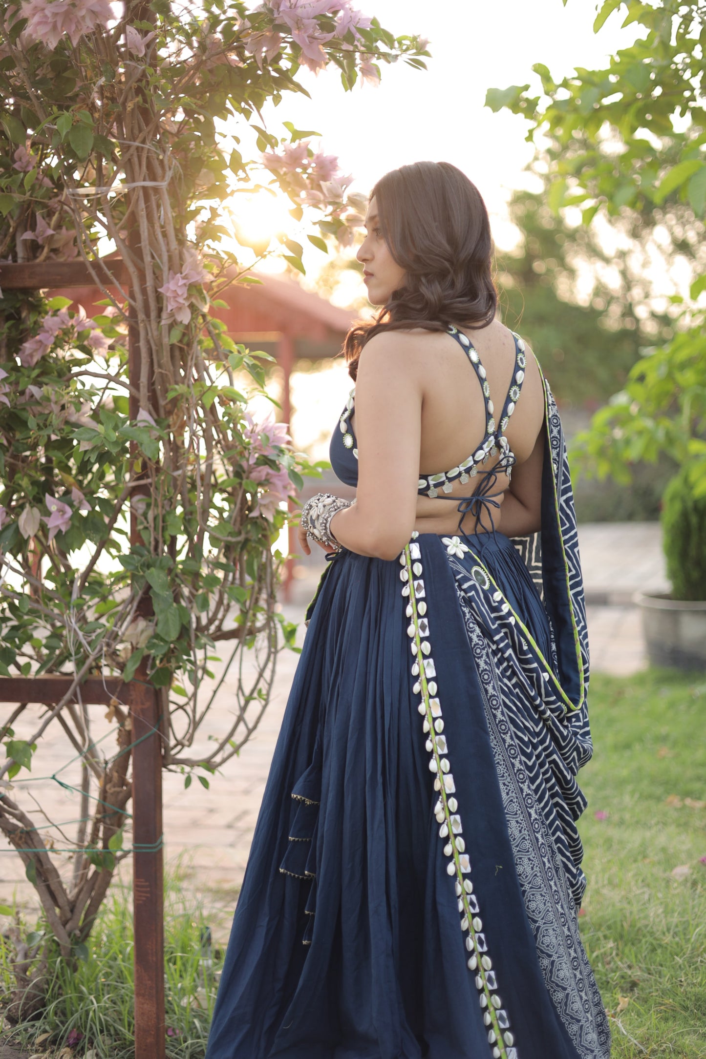 Navy Blue Mirror Shell Chaniya Choli with Ajrakh-Inspired Dupatta | Navratri 2025 Collection