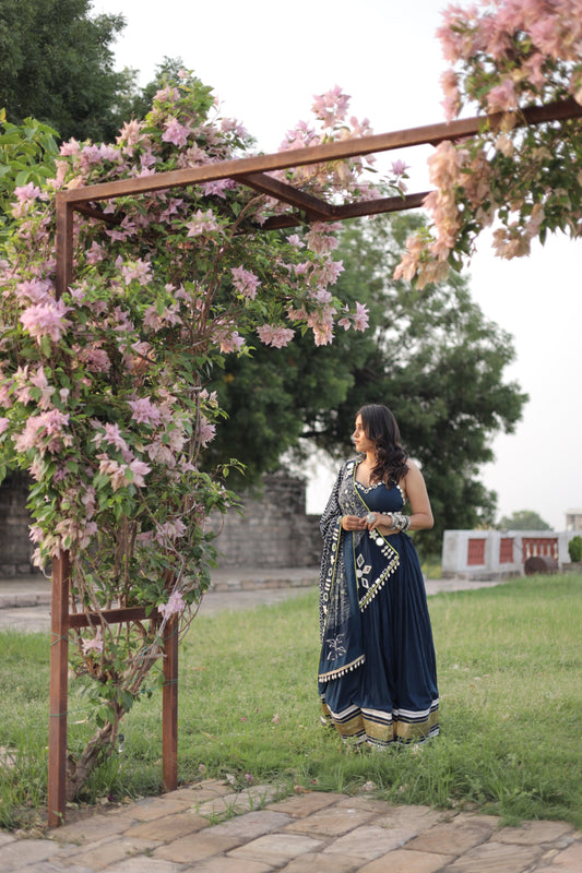 Navy Blue Mirror Shell Chaniya Choli with Ajrakh-Inspired Dupatta | Navratri 2025 Collection