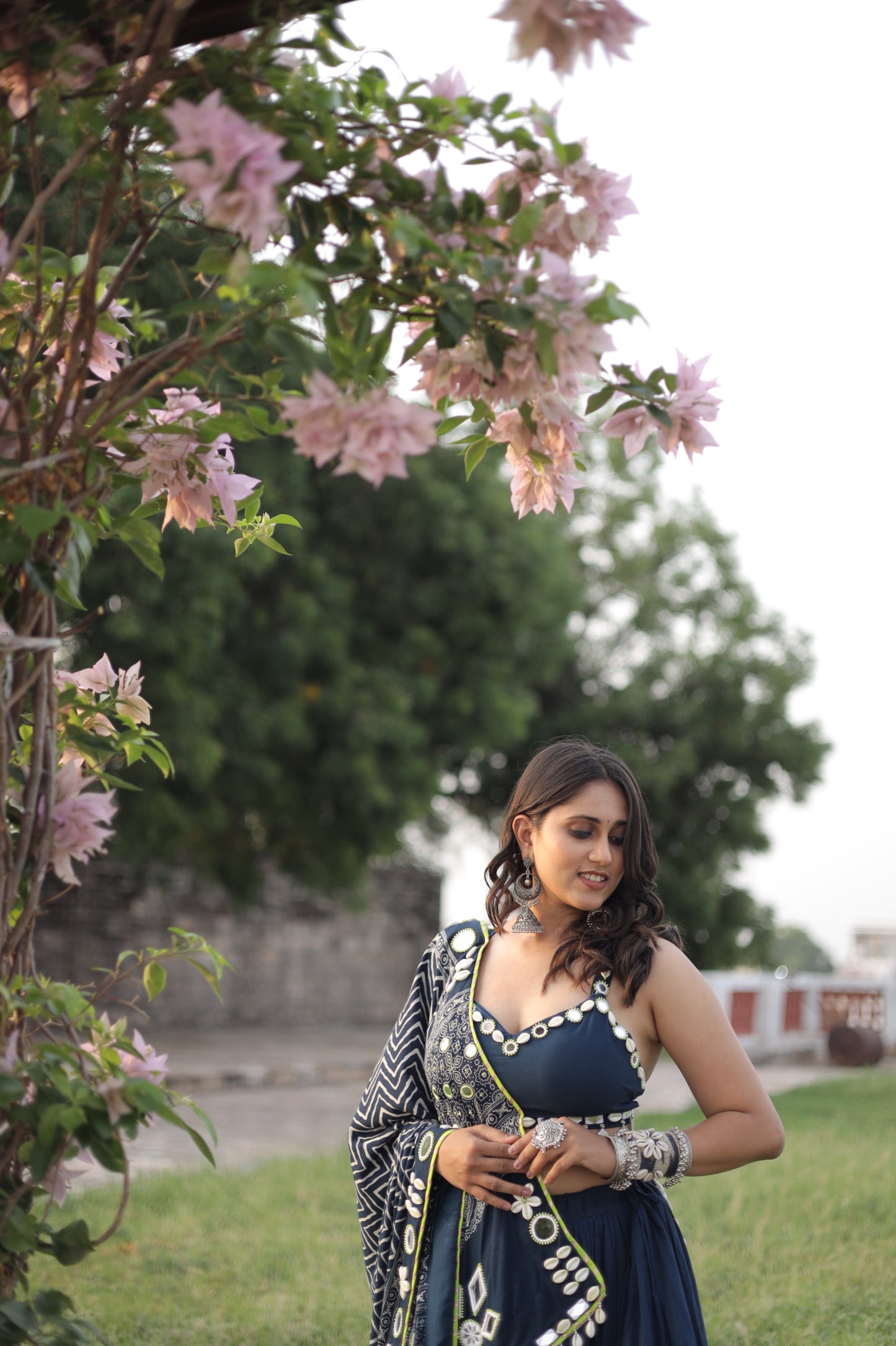 Navy Blue Mirror Shell Chaniya Choli with Ajrakh-Inspired Dupatta | Navratri 2025 Collection