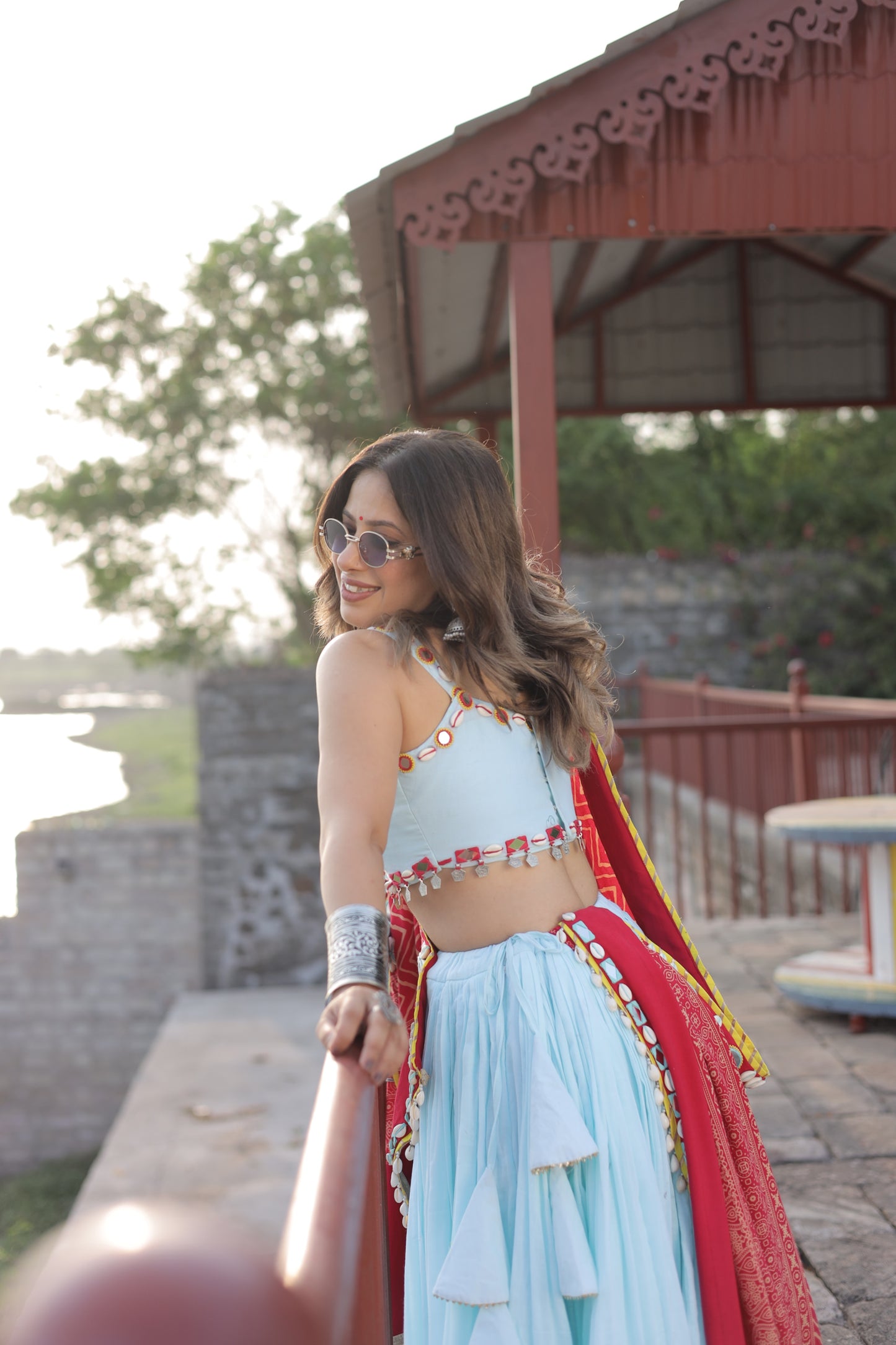 Pista Rani Mirror Shell Chaniya Choli with Ajrakh-Inspired Dupatta | Navratri 2025 Raas collection