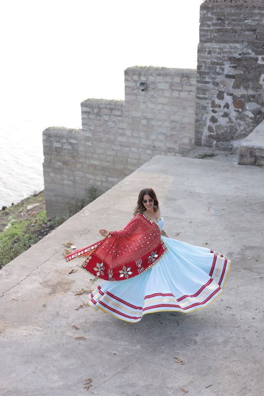 Pista Rani Mirror Shell Chaniya Choli with Ajrakh-Inspired Dupatta | Navratri 2025 Raas collection