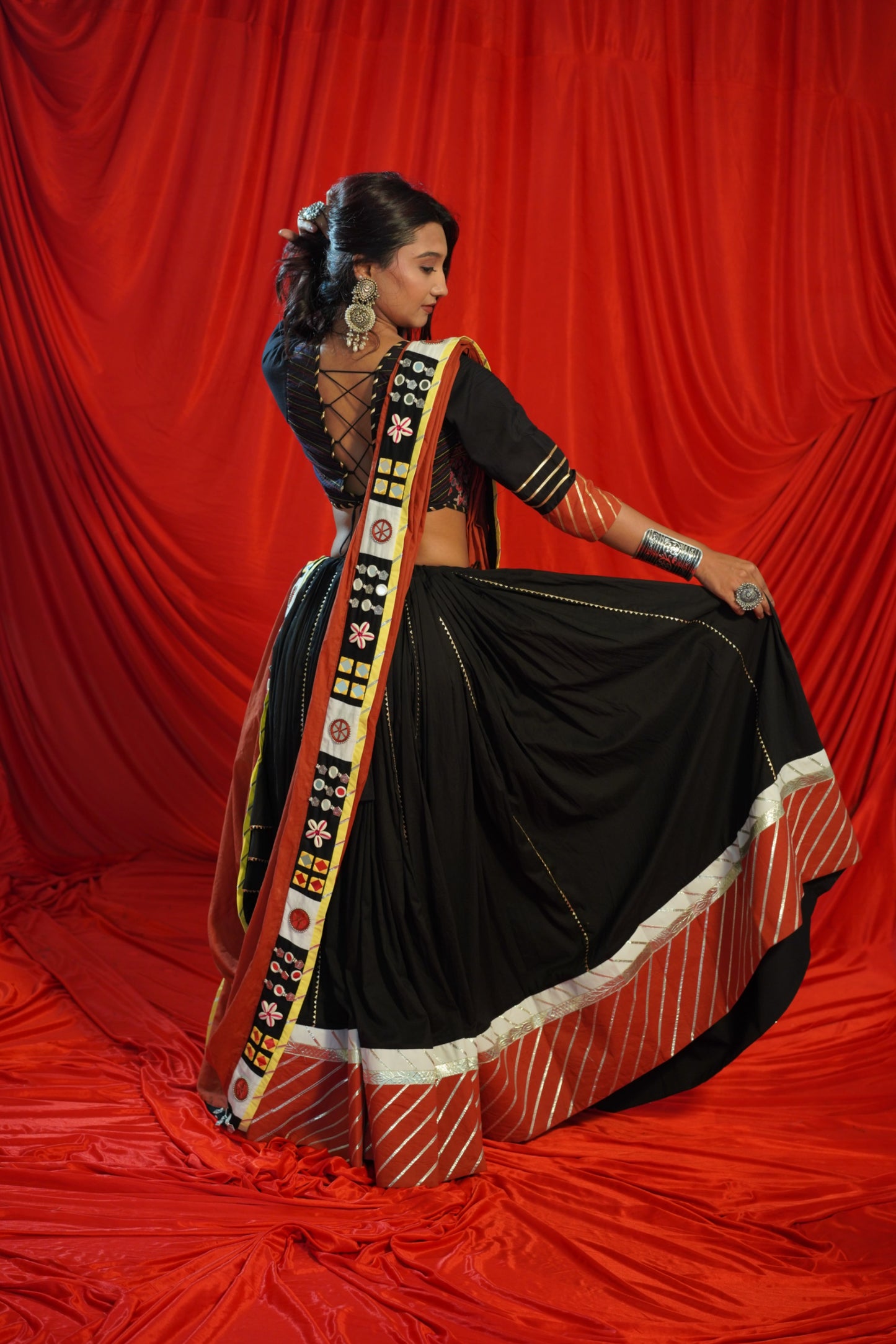 Kutch Heritage Black Cotton Chaniya Choli Set with Handcrafted Mirror Shell Dupatta – Raas 2025 Exclusive