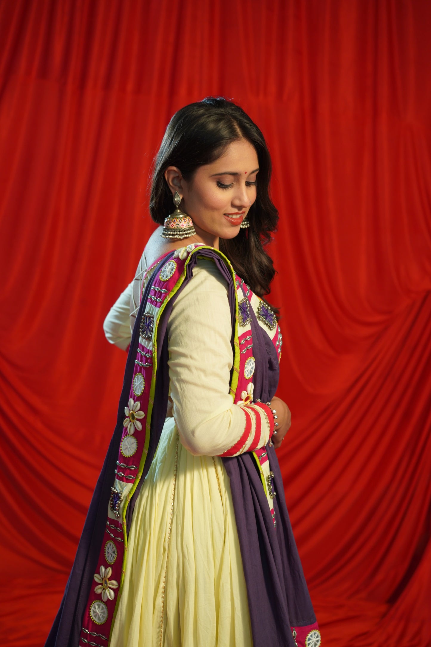 Kutch Heritage Lemon Yellow Chaniya Choli Set with Rani Pink Hemline & Statement Purple Mirror Shell Dupatta – Raas2025