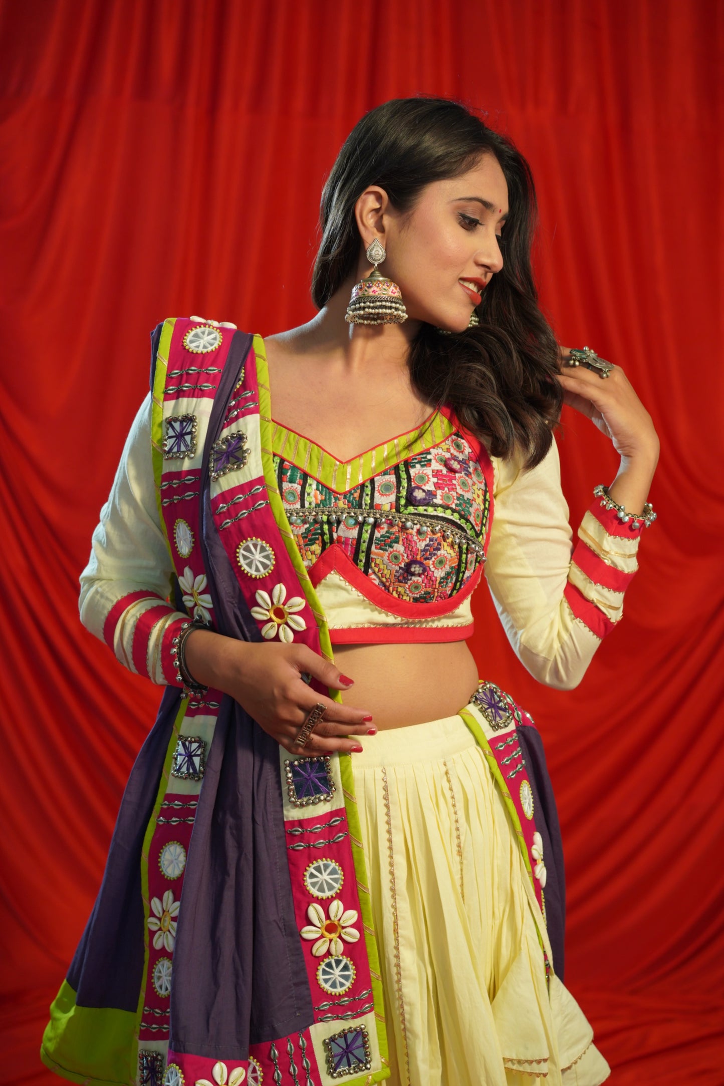 Kutch Heritage Lemon Yellow Chaniya Choli Set with Rani Pink Hemline & Statement Purple Mirror Shell Dupatta – Raas2025