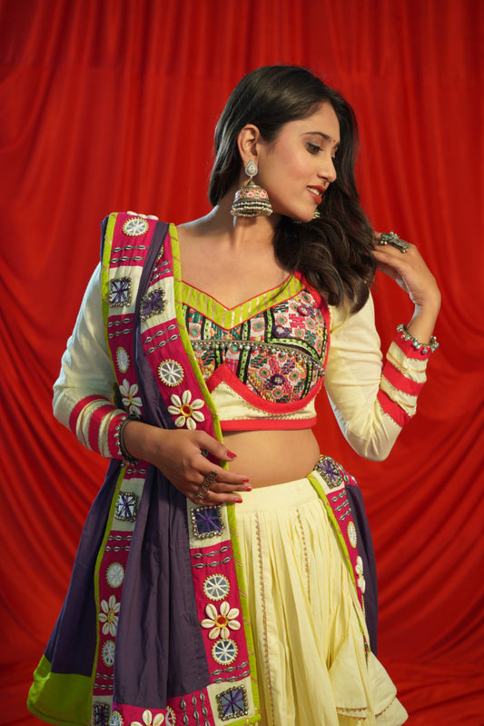 Kutch Heritage Lemon Yellow Chaniya Choli Set with Rani Pink Hemline & Statement Purple Mirror Shell Dupatta – Raas2025