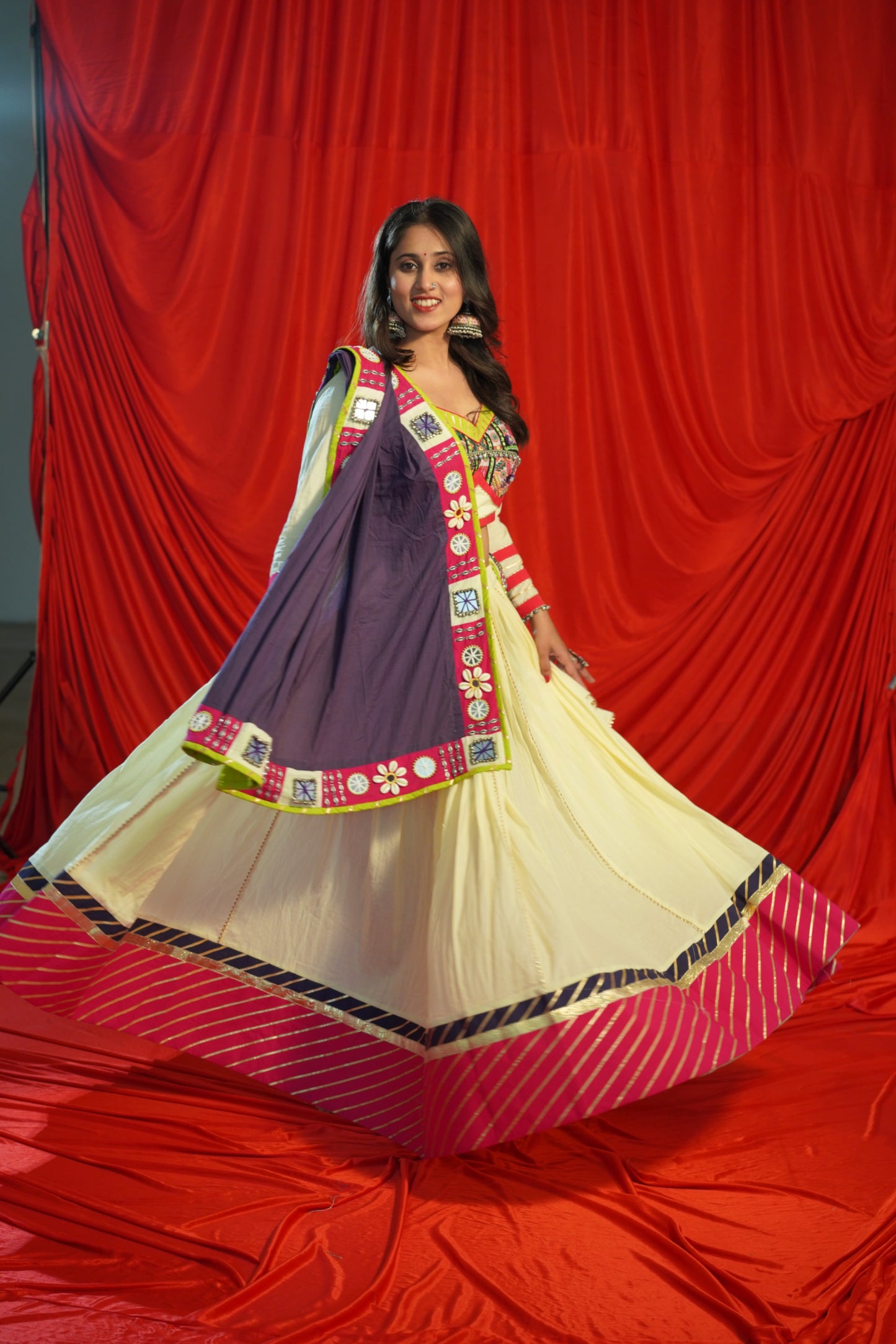 Kutch Heritage Lemon Yellow Chaniya Choli Set with Rani Pink Hemline & Statement Purple Mirror Shell Dupatta – Raas2025