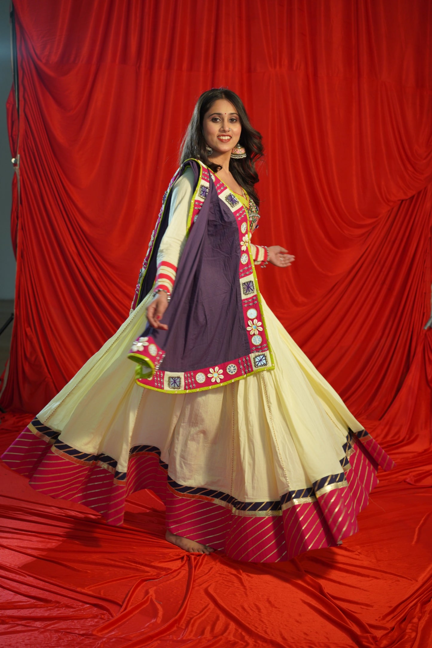 Kutch Heritage Lemon Yellow Chaniya Choli Set with Rani Pink Hemline & Statement Purple Mirror Shell Dupatta – Raas2025