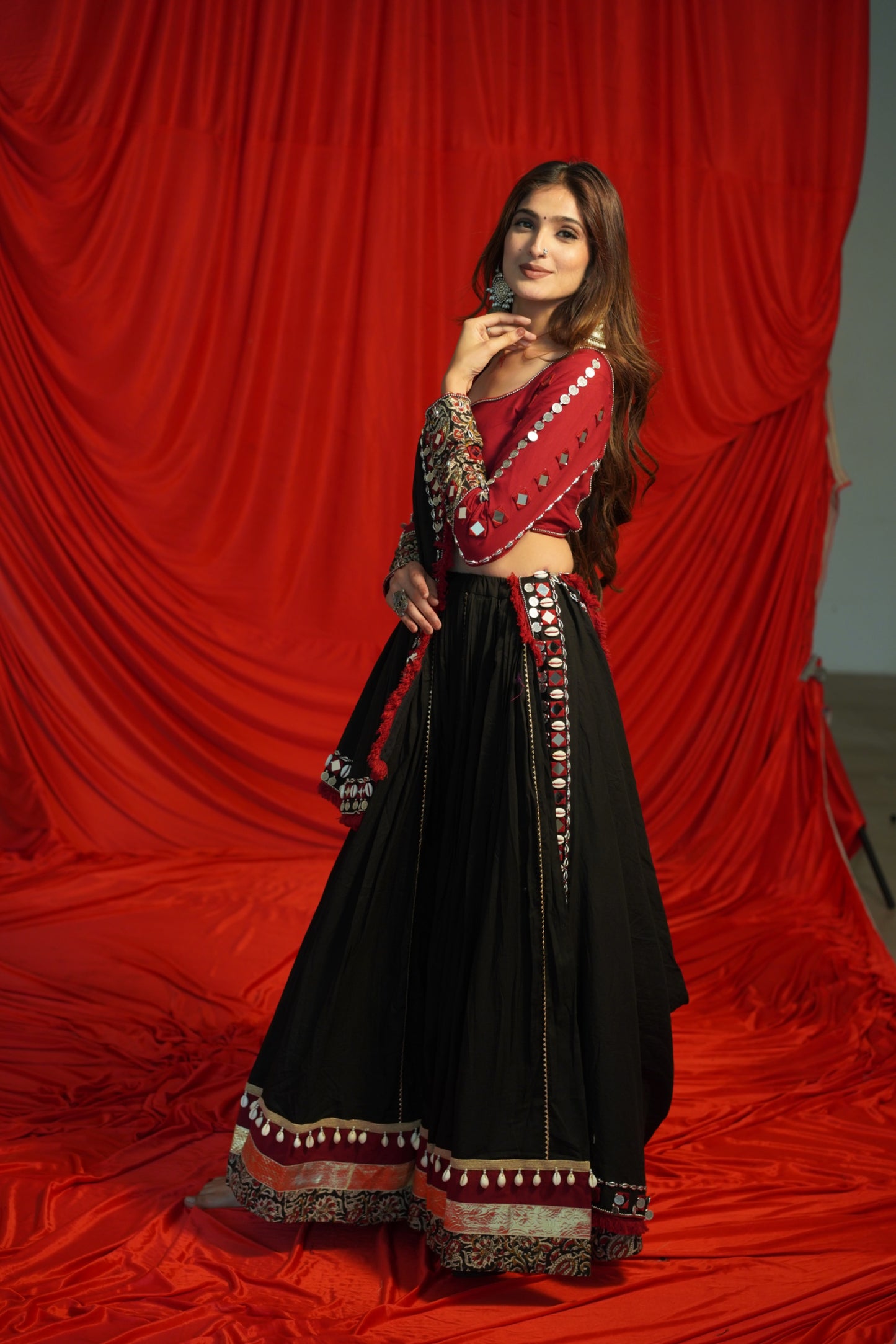 Boho Mirrorwork Black Chaniya Choli with Ajrakh Fusion – Navratri Raas 2025