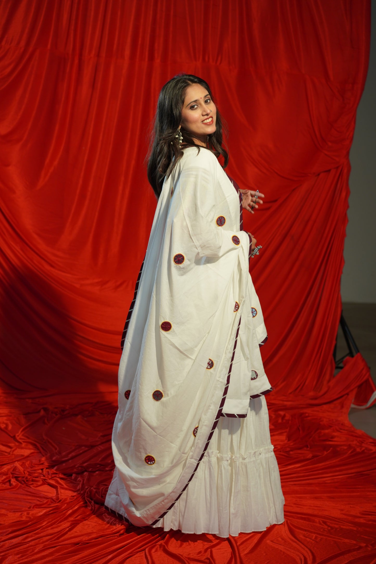 White Tiered Navratri Chaniya Choli Set with Kutchi Blouse | 18 Meter Flare | Navratri RAAS 2025 Collection